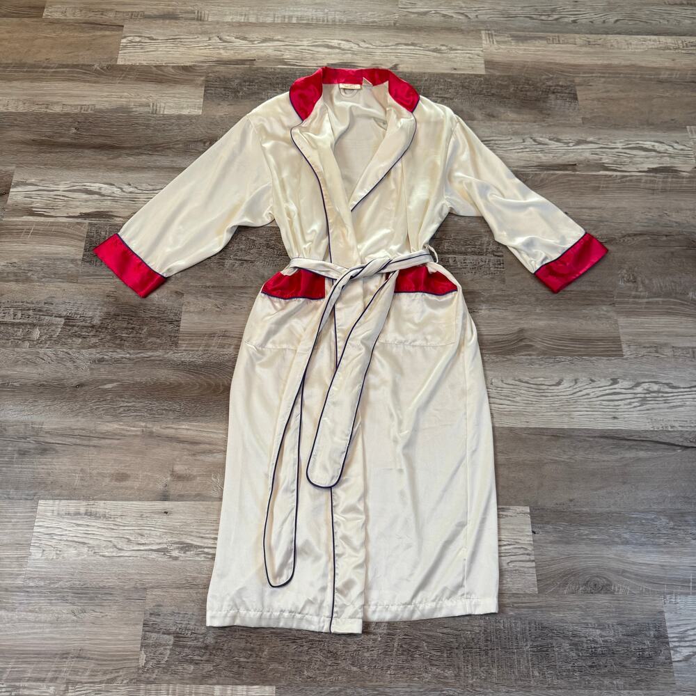 Vintage 90s Victoria's Secret Satin Robe Ivory Red Trim Old Hollywood Boudoir S